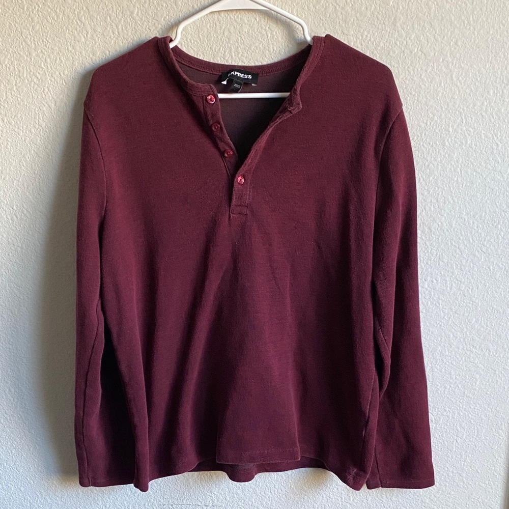 Express Men's Burgundy Long Sleeve Henley